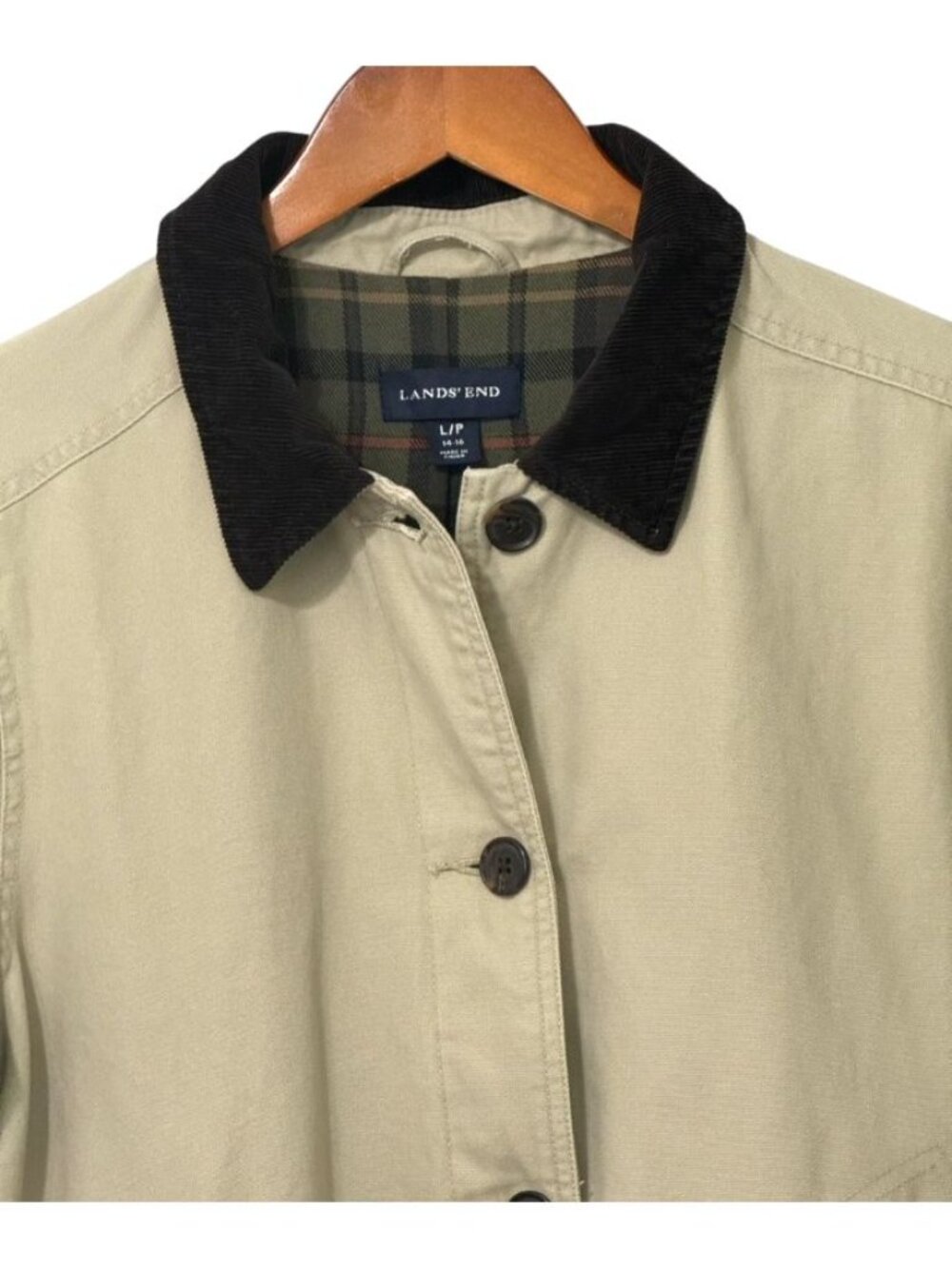 Lands End Womens Barn Chore Jacket Tan Plaid Flannel Lined 100% Cotton Size PL - Picture 3 of 13